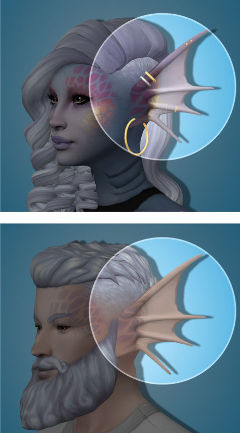 These Siren Ears by tekri are the perfect CC for any mermaid build. Add these into your next TS4 session and you'll have plenty of fun in CAS building your your merman or merwoman! Totally maxis match too Sims 4 Maxis Match Cc Mermaid, Maxis Match Mermaid Cc, Sims 4 Mermaid Cc Ears, Sims 4 Mermaid Cc Tail Male, Sims 4 Cc Maxis Match Occult, Merman Cc Sims 4, Sims 4 Mermaid Cc Scales, Sims 4 Wolf Tail Cc, Sims 4 Mermaid Skin