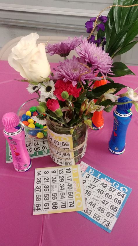 Bingo party decorations Bingo Table Centerpieces, Bingo Table Decorations, Bingo Night Centerpieces, Bingo Table Decorations Ideas, Bingo Centerpiece Ideas, Bingo Centerpieces, Bingo Decorations Ideas, Bingo Party Decorations Ideas, Bingo Themed Party Ideas