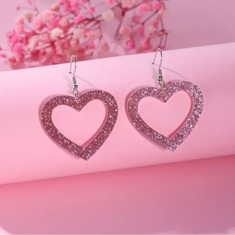 Hollow Heart Bling Sequins Dangle Earrings Cute Simple Style Acrylic Jewelry Dimensions: 2.16 X 1.57 Inches Color Pink Glitter Pink Heart Earrings, Glitter Jewelry, White Gold Hoops, Acrylic Jewelry, Gold Earrings For Women, Hollow Heart, Pink Sparkly, Clover Earrings, Heart Dangle Earrings