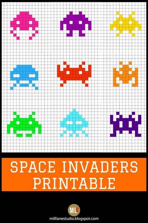 Are you into geek crafts? Download this Space Invaders template to use in your crafts. It's great for any craft that uses pixels to create the pattern. In this tutorial, the pixels are used to create the aliens for resin coasters. Just use a square silicone trivet from the dollar store to pour the resin into and follow the template to make each alien. Then embed in resin for a truly geeky coaster! #MillLaneStudio #dollarstorecrafts #diyresincoaster #freeprintables #pixelarttemplate #geekcrafts Space Invaders Art, Diy Resin Coasters, Space Invaders, Pixel Art Templates, Geek Crafts, Resin Tutorial, Art Template, Fuse Beads, Dollar Store Crafts