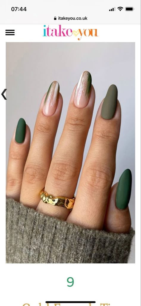 Sage Green Winter Nails, Khaki Nails Acrylic, Winter Gel Nails 2023, Khaki Nail Designs, Khaki Green Nails, Khaki Nails, Gold Sparkle Nails, Light Pink Acrylic Nails, Rounded Acrylic Nails