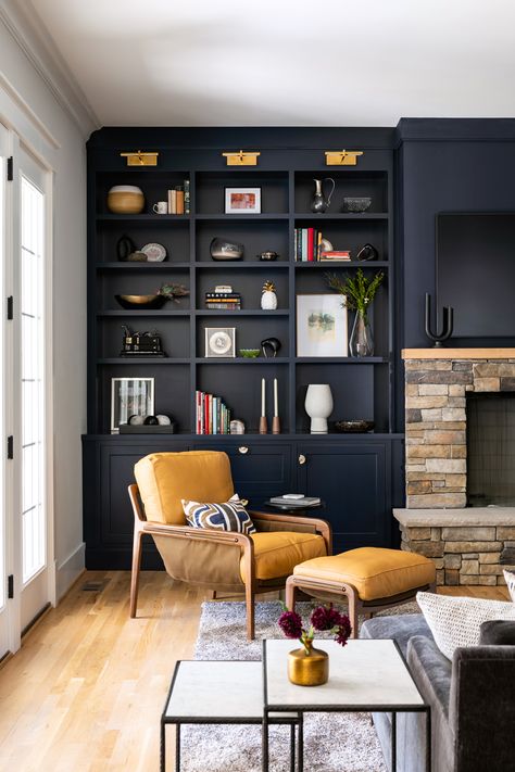 Dark Built Ins Fireplace, Navy Blue Built Ins Around Fireplace, Navy Built Ins With Fireplace, Built In Bookshelves Color Ideas, Navy Built Ins Living Room, Navy Blue Built Ins, Moody Built Ins, Built In Bookcase Fireplace, Built Ins Vaulted Ceiling