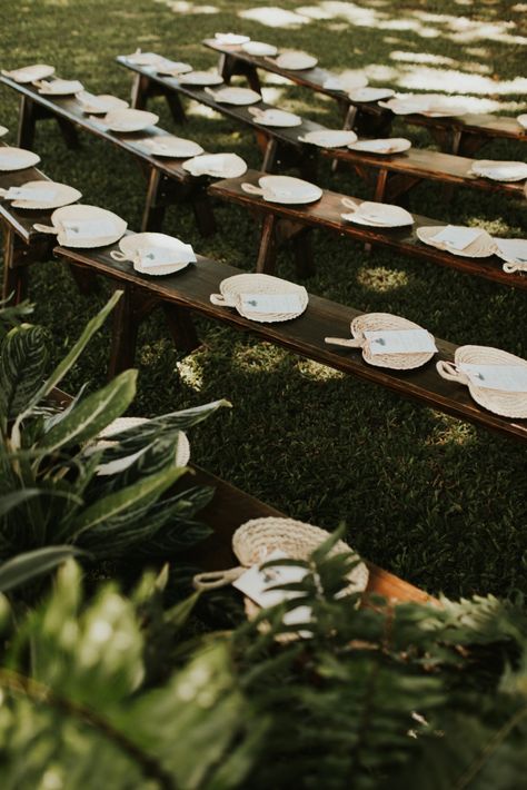 Fans On Seats Wedding, National Tropical Botanical Garden Kauai Wedding, Ceremony Benches, Polynesian Wedding, Belize Wedding, Tropical Bohemian, Tropical Wedding Decor, Fiji Wedding, Tropical Florals