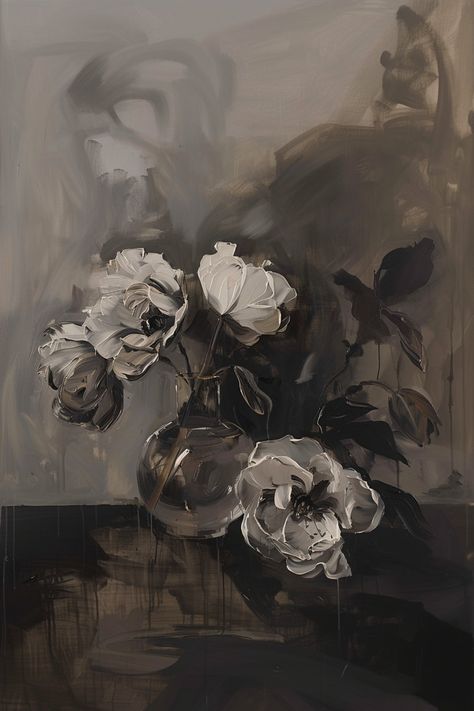 "Maud" is an exquisite piece of floral art that captures the elegance of white blossoms against a moody, dark background. The masterful brushstrokes and rich contrasts create a sense of depth and sophistication, making it a stunning addition to any art collection. Custom-made to coordinate with our Odette Arboretum Wallpaper Moody Floral Painting, Painting Ideas On Canvas Dark, Black And White Art Aesthetic, Black Flower Painting, Flowers Dark Aesthetic, Dark Flower Painting, Midnight Flowers, Black Background Painting, Frame Landscape