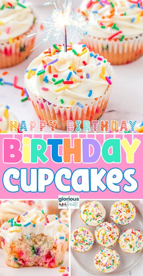 These Birthday Cupcakes are the perfect addition to any party! They are super easy to make, bursting with vanilla flavor, and look so cute with rainbow sprinkles. Adults and kids alike are going to love this fun, sweet treat! | GloriousTreats.com Cupcakes For One Year Old, Birthday Cupcake, Kahlua Cupcakes, Rainbow Cupcakes Recipe, Chocolate Peanut Butter Cupcakes, Coffee Buttercream, Happy Birthday Cupcakes, Cupcake Bakery, Kid Cupcakes