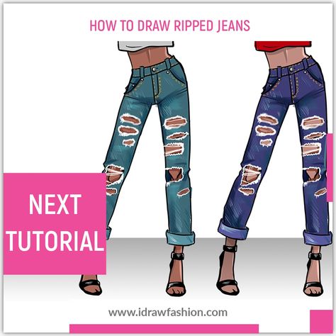 How To Draw Rips In Jeans, How To Draw Ripped Clothes, How To Draw Pants Female Jeans, Ripped Jeans Sketch, Jeans Fashion Illustration, Jeans Drawing, Body Template, Learn To Sketch, Sketching Techniques