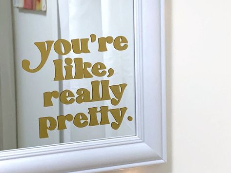 Mirror With Words On It, You Look Gorgeous Mirror, Bathroom Mirror Stickers, Words On Mirror, Cricut Wall Decals, Bathroom Vinyl Decals, Mirror Letters, Mirror Vinyl, Mirror Decals