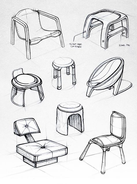 Various chair sketches - Design Sketchbook II on Behance - Matt Seibert Shop Exterior, Drawing Furniture, Furniture Sketch, Furniture Design Sketches, الفن الرقمي, Design Sketchbook, Interior Design Sketches, Futuristic Furniture, Trendy Furniture