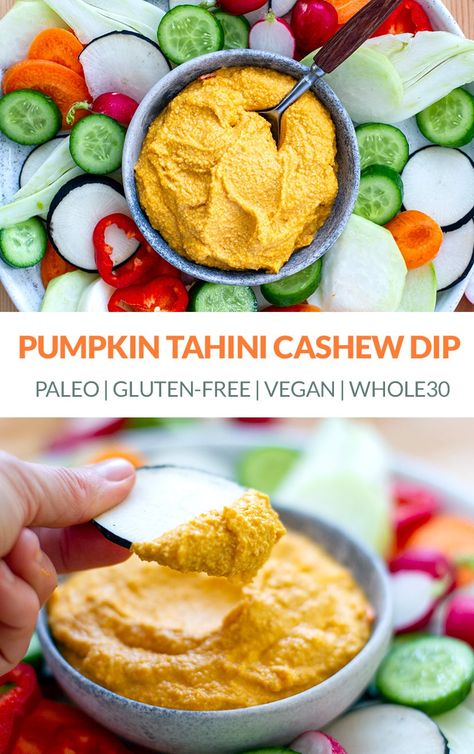 This pumpkin tahini and cashew dip is inspired by a traditional hummus recipe but is made without chickpeas. It has a lovely sweetness from the roasted pumpkin but is balanced out by earthy tahini, zesty lemon and a touch of garlic. Cashew nuts give this dip that lovely hummus-like creaminess. This recipe is vegan, vegetarian, gluten-free, paleo, Whole30. #hummus #dips #pumpkinrecipes Pumpkin Tahini, Traditional Hummus Recipe, Paleo Hummus, Traditional Hummus, Whole30 Vegetarian, Cashew Dip, Pumpkin Dip Recipe, Potatoes Mashed, Dips Recipes