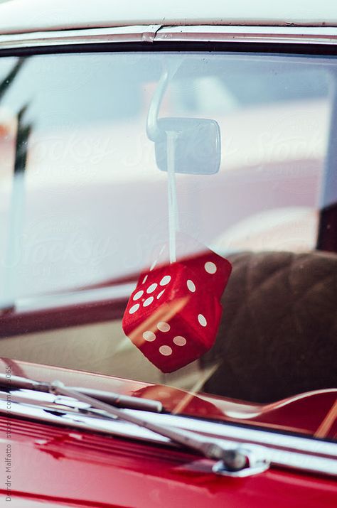 fuzzy red dice in a classic red car by Deirdre Malfatto Car Dice, Fuzzy Dice, Red Dice, Vegas Bachelorette Party, Peach Aesthetic, Red Car, Low Rider, First Car