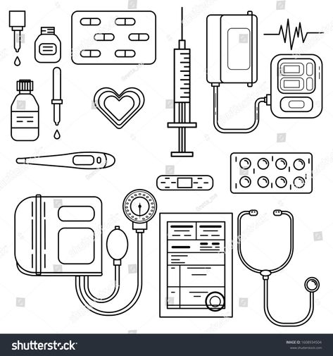 Medical Tools Drawing, Doctor Drawing, Powerpoint Ideas, Medical Instruments, Art Photography Portrait, Medical Symbols, Health Tools, Flat Vector Illustration, Vector Sketch