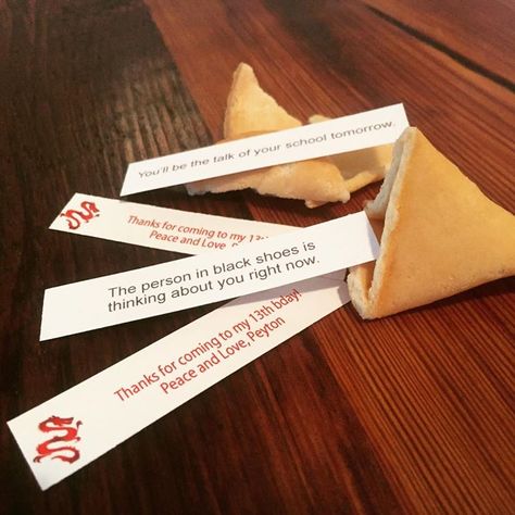 Customized fortune cookies for a dragon themed 13 year old birthday party. Custom Fortune Cookies, Fortune Cookie, Birthday Party, Birthday