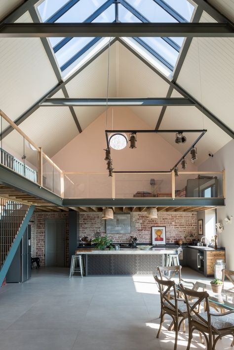 Photo 5 of 15 in An Idyllic “Glass Barn” in the English Countryside Asks £2.3M - Dwell Mezzanine Workspace, Renovated Barns, Barn Extension, Barn Conversion Interiors, Barn Office, Barn Restoration, Home Exteriors, Converted Barn, Barn Interior