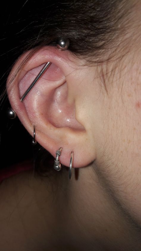 Ear Styling With Industrial, Noise Percinings, Ear Percinings Ideas, Ear Percinings, Industrial Piercing Ideas, Full Ear Piercings, Hurts Like Hell, Industrial Piercings, Men's Piercings