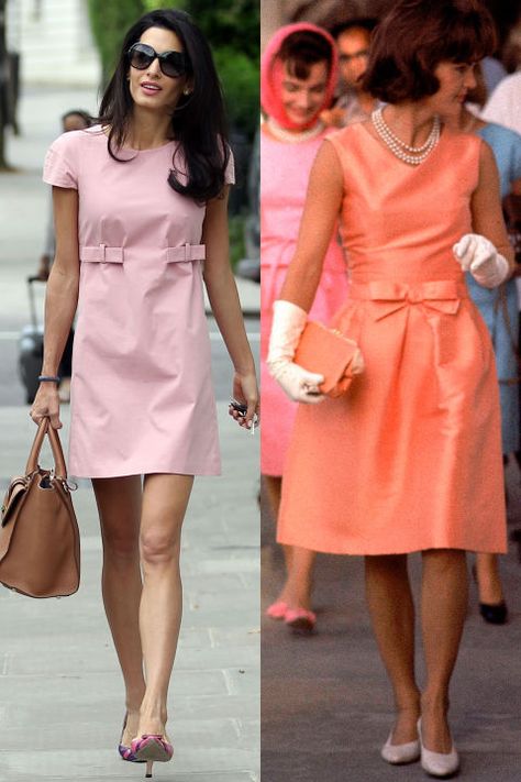 Amal Clooney and Jackie Kennedy wore similar pink day dresses. Jackie O Style, Design Moda, Amal Clooney, 2014 Dresses, Prom Dress Shopping, Olivia Palermo, 1960s Fashion, 60s Fashion, Online Dress Shopping