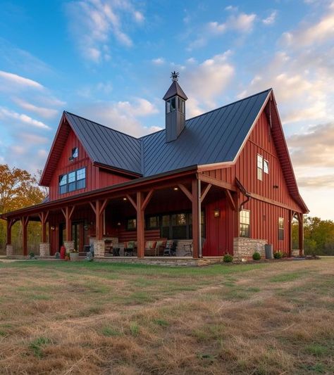 Barndominium Gallery Brown Barndominium, Barndominium Landscaping, Red Barndominium Exterior, Red Barndominium, Cajun Barndominium, Rustic Red Barndominium, Sadler Barndominium, Barndominium With Catwalk, Closed Concept Barndominium