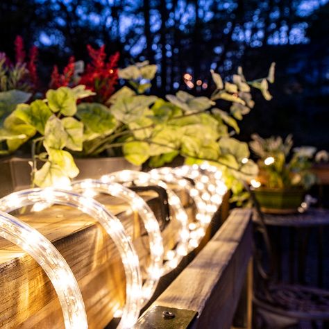 Rope light wrapped around deck railings Rope Lights On Deck, Rope Lights Christmas Outdoor, Christmas Rope Lights Outdoor, Rope Lights Outdoor Christmas Ideas, Deck Rope Lights, Rope Lighting Ideas Outdoor, Rope Christmas Lights, Rope Lighting Ideas, Rope Lights Outdoor