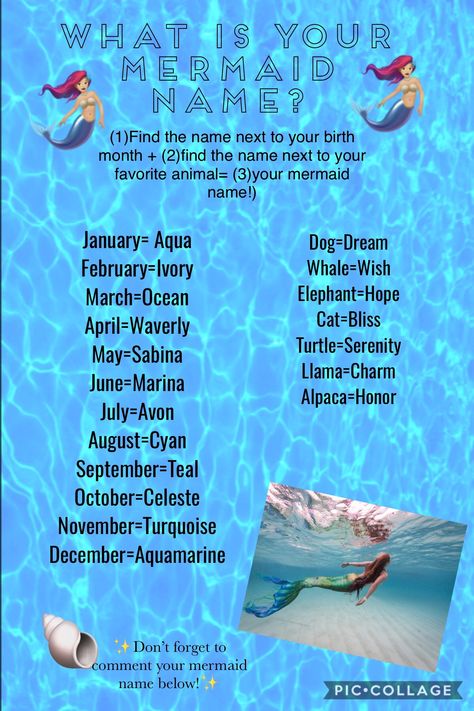 #mermaids #mermaidnamegenerator #mermaidnames Names For Mermaids, What Is Your Unicorn Name, Whats Your Unicorn Name, Whats Your Mermaid Name, Mermaid Name Generator, What’s Your Fairy Name, Funny Name Generator, Find Name, Mermaid Names