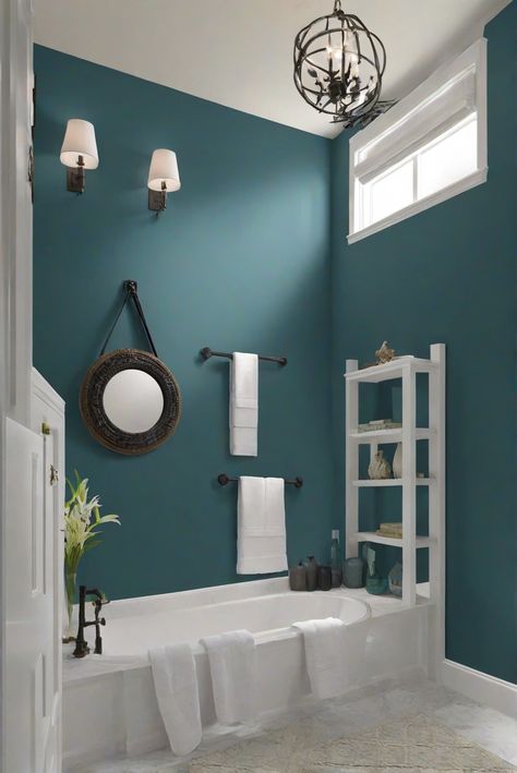 home decorating, home interior design, interior design space planning, home paint colors Teal Bathroom Walls, Color For Bathroom Walls, Behr Swiss Coffee, Southern Charm Homes, Bathroom Wall Colors, Teal Bathroom Ideas, Teal Accent Walls, Paint Guide, Room Color Combination