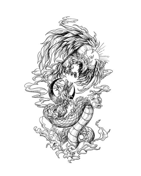 Phoenix And Dragon Tattoo Design, Big Tattoo Designs Drawings, Phoenix Dragon Tattoo, Dragon Phoenix Tattoo, Phoenix And Dragon Tattoo, Dragon And Phoenix Tattoo, Phoenix And Dragon, Half Sleeve Tattoo Stencils, Dragon Tattoo Art