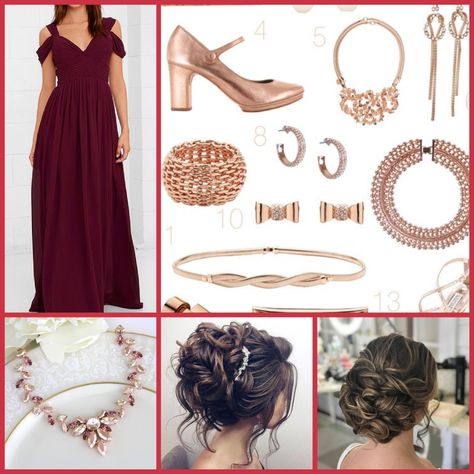 Maroon dress, updo, rosegold accessories Wine Dress Accessories, Maroon Dress Accessories, Burgundy Dress Accessories, Bridesmaid Dress Jewelry, Burgundy Dress Outfit, Outfit Boda, Maroon Prom Dress, Maroon Gown, Bordeaux Dress