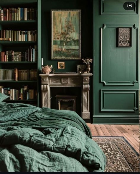 Slytherin Room Ideas, Slytherin Bedroom, Slytherin Room, Color In Interior Design, Bedroom Aesthetic Dark, Moody Rooms, Dark Green Rooms, Groovy Room, Gray Room