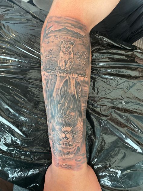 Lion In Water Tattoo, Lion Reflection Tattoo, Water Reflection Tattoo, Reflection Tattoo Ideas, Lion King Tattoo Ideas, King Tattoo Ideas, Tattoo Ideas Lion, Lion Reflection, Lions Tattoo