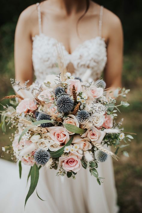 Blue Green Pink Bouquet, Blush Pink And Blue Bridal Bouquet, Bridal Bouquet With Thistle, Pale Wedding Bouquet, Sage Green Navy Blue Blush Pink Wedding Flowers, Dusky Blue And Pink Wedding, Blue And Blush Wedding Decorations, November Bouquet Wedding, Bridal Bouquet Thistle