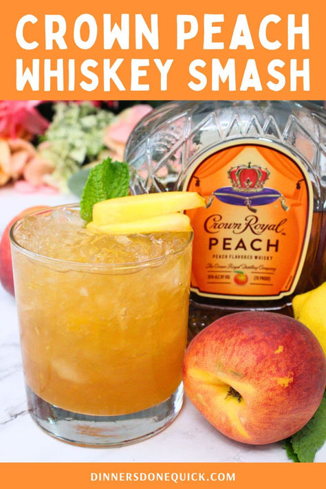 Quench your thirst with this refreshing Crown Peach Whiskey Smash cocktail! Made with Crown Royal Peach whiskey, fresh peaches, and a splash of lemon, this cocktail is the perfect blend of sweet and tangy. Ideal for summer gatherings or a relaxing evening, this whiskey smash is sure to impress your guests. Follow our easy step-by-step recipe and enjoy a deliciously fruity drink in no time! #PeachWhiskeySmash #CrownRoyalPeach #SummerCocktails #DinnersDoneQuick #WhiskeyCocktails Fresh Cocktails Summer Drinks, Crown Peach Cocktail, Peach Smash Cocktail, Peach Crown Royal Recipes Easy, Crown Royal Peach Drinks Recipes Easy, Peach Ring Cocktail, September Drinks Alcohol, Drinks With Peach Schnapps, Peach Alcoholic Drink