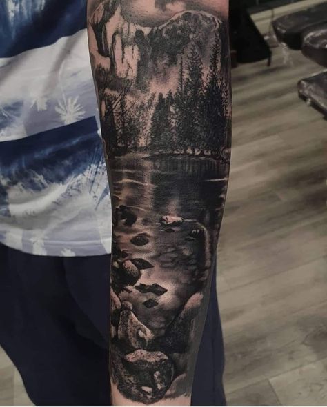 River Scene Tattoo, Mountain And River Tattoo, Mountain River Tattoo, River Tattoos, Scene Tattoos, Waterfall Tattoo, Wilderness Tattoo, Scenery Tattoo, Tattoo 2022