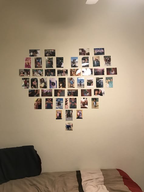 Picture Collage Wall Heart, Heart Wall Decor With Pictures, Pic Heart Collage, Cute Way To Put Pictures On Wall, Heart Pic Collage On Wall, Picture Wall Ideas Boyfriend, Photos On A Wall Ideas, Photos On The Wall Ideas Bedrooms, Heart Out Of Pictures On Wall