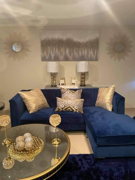 Blue Ivory And Gold Living Room, Blue And Gold Decor Living Room, Royal Blue And Gold Living Room Ideas, Navy Blue White And Gold Living Room, Navy And Gold Living Room Decor, Blue Furniture Living Room Ideas, Navy Blue And Gold Living Room Decor, Royal Blue Living Room Color Scheme, Blue Sectional Living Room Ideas