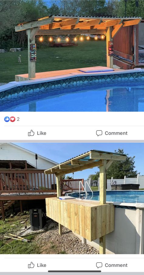 Above Ground Pool Deck Ideas With Gazebo, Diy Swim Up Bar Above Ground Pool, Bar Next To Above Ground Pool, Pool Deck Bar Ideas, Above Ground Pool Side Bar, Pool Side Table Above Ground, Diy Pool Bar Ideas Backyard, Above Ground Deck Ideas, Above Ground Pool Tiki Bar Ideas