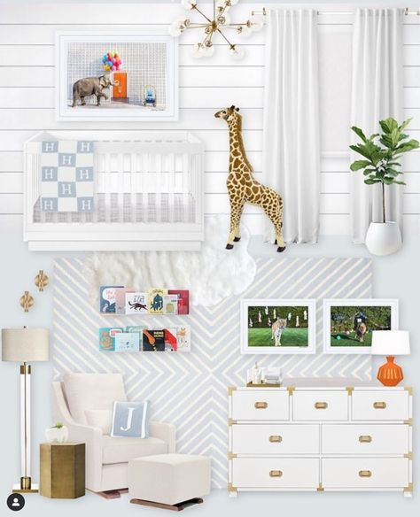 Gray Malin Nursery, White And Blue Nursery, Nursery Interior Design, Nursery Interior, Shiplap Walls, Interior Design Portfolios, Design Camp, Gray Malin, Floor Lamp With Shelves