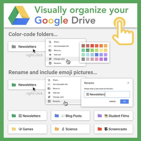 Tony Vincent on Twitter: "🗂️ You can visually organize your Google Drive by color-coding folders and including emojis as icons. #azk12… " Google Drive Organization, Google Training, Class Procedures, Digital Learning Classroom, Google Drive Tips, Tech Organization, Teaching Online, Computer Class, Technology Lessons