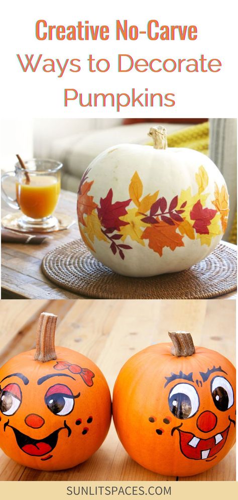 Explore these pumpkin decorating ideas with creative no carve ways to decorate pumpkins! Discover pumpkin painting, decoupage, glitter, and other fun techniques for unique Halloween and fall decor. Pumpkin Painting Ideas For Thanksgiving, How To Paint On A Pumpkin, Painting Fall Pumpkins Ideas, Fall Decorated Pumpkins, Fall Tree Topper Ideas, Decorating Pumpkins Without Carving Kids, Decorate A Pumpkin Without Carving, Decorate Pumpkin Ideas For Kids, No Cut Pumpkin Decorating