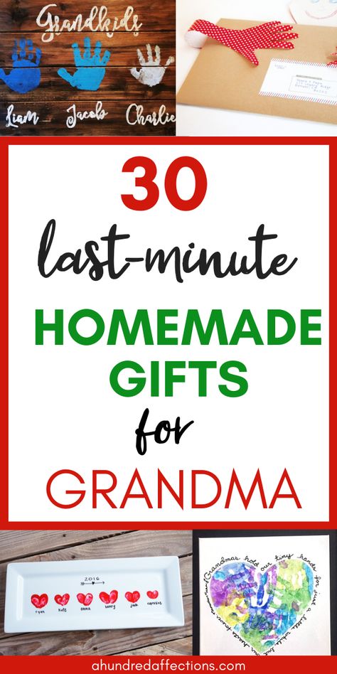 Are you scrambling to come up with a meaningful and adorable gift for Grandma from the kids? Here's help! You can choose from 30 homemade gifts the kids can easily and quickly make - guaranteed to put a smile on Grandma's face! Click here to get started! #homemadegifts #diygifts #giftsforgrandma #fromkids #easy #fast #christmas Diy Gifts For Great Grandparents, Diy Gift For Nana, Homemade Gifts To Grandparents, Mothers Day Gifts From Kids For Grandma, Homemade Birthday Gift For Grandma, Easy Grandparent Christmas Gifts, Diy Great Grandparent Gifts, Christmas Crafts For Grandma, Mimi Birthday Gift From Kids