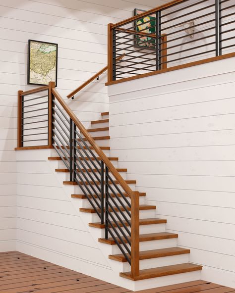 Metal Handrails For Stairs, Stairs Handle, Cabin Stairs, Stairway Ideas, Stair Paneling, Metal Stair Railing, Indoor Railing, Interior Stair Railing, Modern Stair Railing