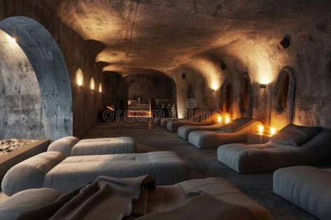 Modern underground bunker interior with a stylish living room. stock image Underground Bunker Interior, Bunker Home Underground Shelter, Luxury Bunker Interiors, Bunker Interior Design, Bunker Ideas Underground, Bunker Aesthetic, Hidden Bunker, Bunker Interior, Bunker Room