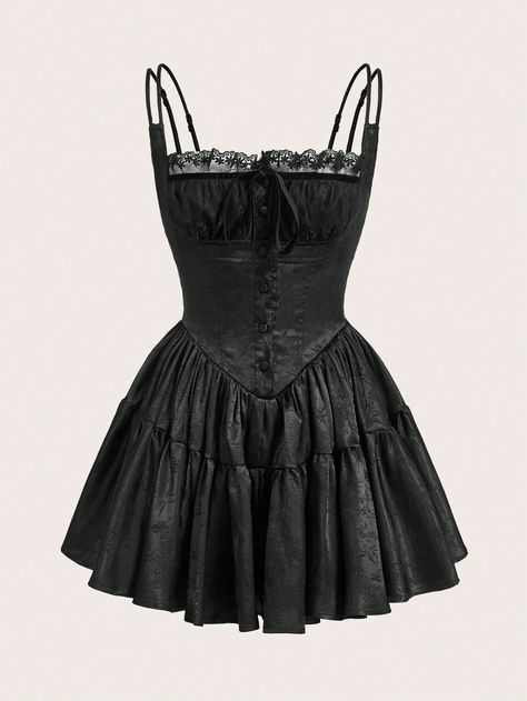 Women's Ballet Bow Coquette Contrast Lace Ruffle Hem Short Summer Vintage Flowy Goth Homecoming Dress Short Halloween Outfits Black Party  Sleeveless Woven Fabric Colorblock,Plain Cami Non-Stretch  Women Clothing, size features are:Bust: ,Length: ,Sleeve Length: Tim Burton Hoco Dress, Gothic Dresses Short, Haunted Homecoming Dress, Black Dress Cottagecore, Short Black Dress Outfit Party, Goth Dresses Short, Goth Homecoming Dress, Misa Costume, Goth Party Outfit