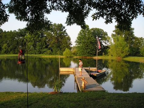 fishing pond maybe man made with a small hydro electric dam for power production. House On A Pond, Big Pond Landscaping, Land With Pond, Fishing Pond Ideas, Man Made Fishing Pond, Pond Fishing, Fishing Pond, Man Made Pond, Farm Pond