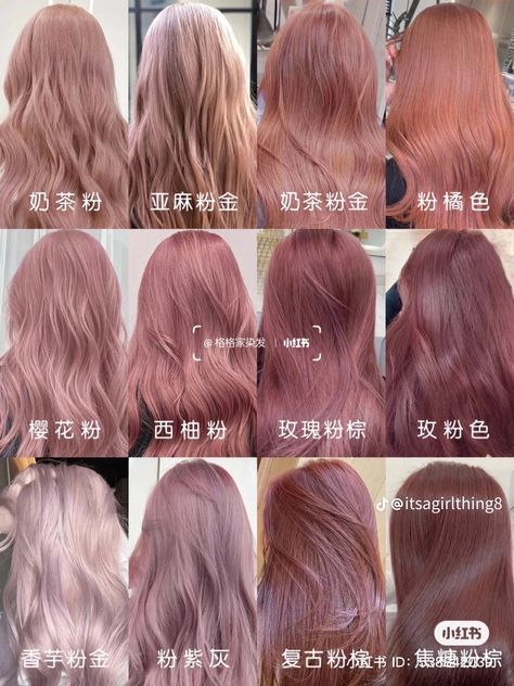 Types Of Pink Hair Color, Pink Hair Tanned Skin, Rose Gold Hair Korean, Dark Rose Pink Hair, Ashy Rose Hair, Hair Color Ideas Japanese, Rose Ash Hair, Shades Of Pink Hair Chart, Milk Tea Hair Color Pink