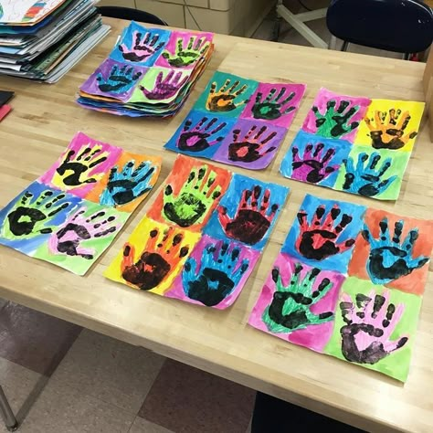 Hand Artwork, Fun Art Projects, Andy Warhol Inspired, First Grade Art, 2nd Grade Art, Elementary Art Projects, Homeschool Art, Kindergarten Art, Collaborative Art