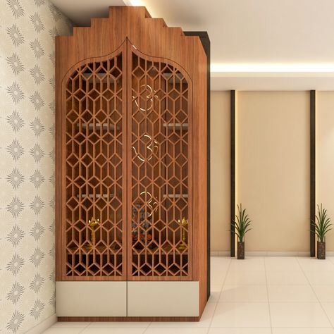 Jali Mandir Design, Dev Ghar Door Design, Pooja Room Jaali Design, Puja Unit Door Designs, Mandir Jaali Designs, Open Pooja Room, Temple Design For Home Living Rooms, Pooja Unit Designs Modern, Mandir Jali Design