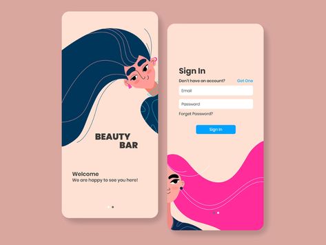 Welcome and sign in screen for mobile app by Jarlin on Dribbble Home App Icon, Sign In Screen, Film App, Makeup App, Ux App Design, Design Thinking Process, Ui Design Trends, Welcome Design, Beauty App