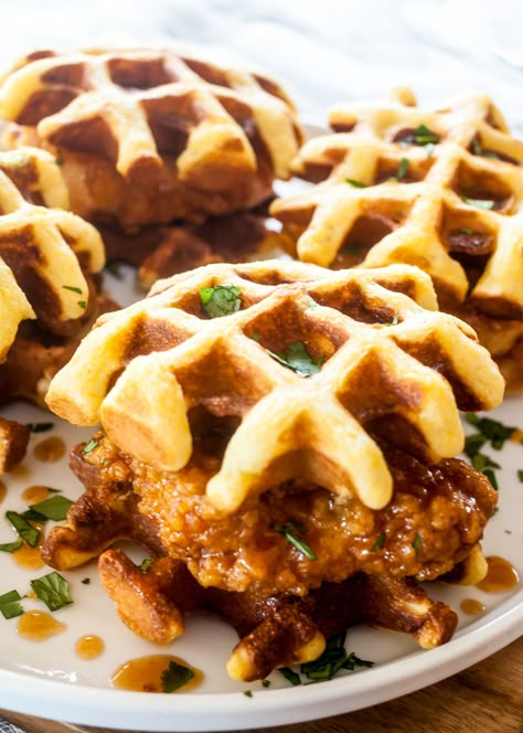 Chipotle Honey Chicken and Waffle Sliders | @thenoshery for The Pioneer Woman Food & Friends Chicken And Waffle Sliders, Chipotle Honey Chicken, Waffle Sliders, Fried Chicken And Waffles, New Years Eve Dinner, Honey Chicken, Food Combining, Chicken And Waffles, Waffle Recipes