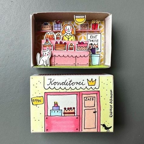 Cute Construction Paper Crafts, Matchstick Box Craft, Matchbox Art Diy, Small Box Diy, Cute Art Gifts, Kate Made Art, Matchbox Diy, Weird Crafts, Diy Gifts Art