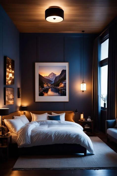 Dark Bedroom Walls, Dark Blue Rooms, Blue Bedroom Walls, Dark Blue Bedrooms, Moody Bedroom, Dark Bedroom, Cosy Bedroom, Bedroom Wall Colors, Bedroom Decor Ideas