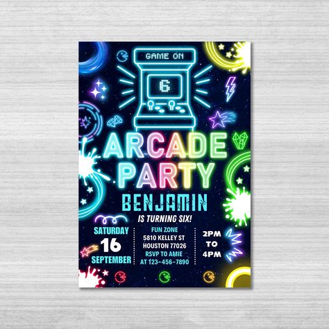 This Templates item by TianyuDesign has 105 favorites from Etsy shoppers. Ships from United States. Listed on Oct 9, 2024 Arcade Party Invitations, Arcade Birthday Parties, Arcade Birthday, Arcade Party, Party Invitations Ideas, Gamer Party, Neon Text, Party Video, Video Game Party