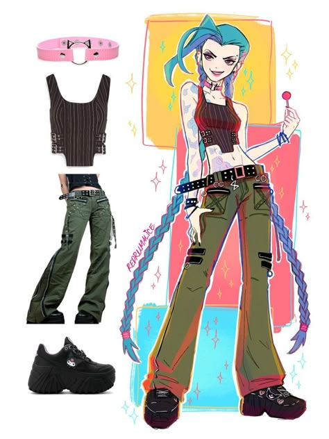 Jinx Final Battle Outfit, Jinx Casual Outfit, Jinx Clothes Aesthetic, Jinx Style Clothes, Jinx Arcane Outfit Inspired, Jinx Inspired Outfit Ideas, Jinx Outfit Ideas, Jinx Inspired Outfit, Arcane Inspired Outfits